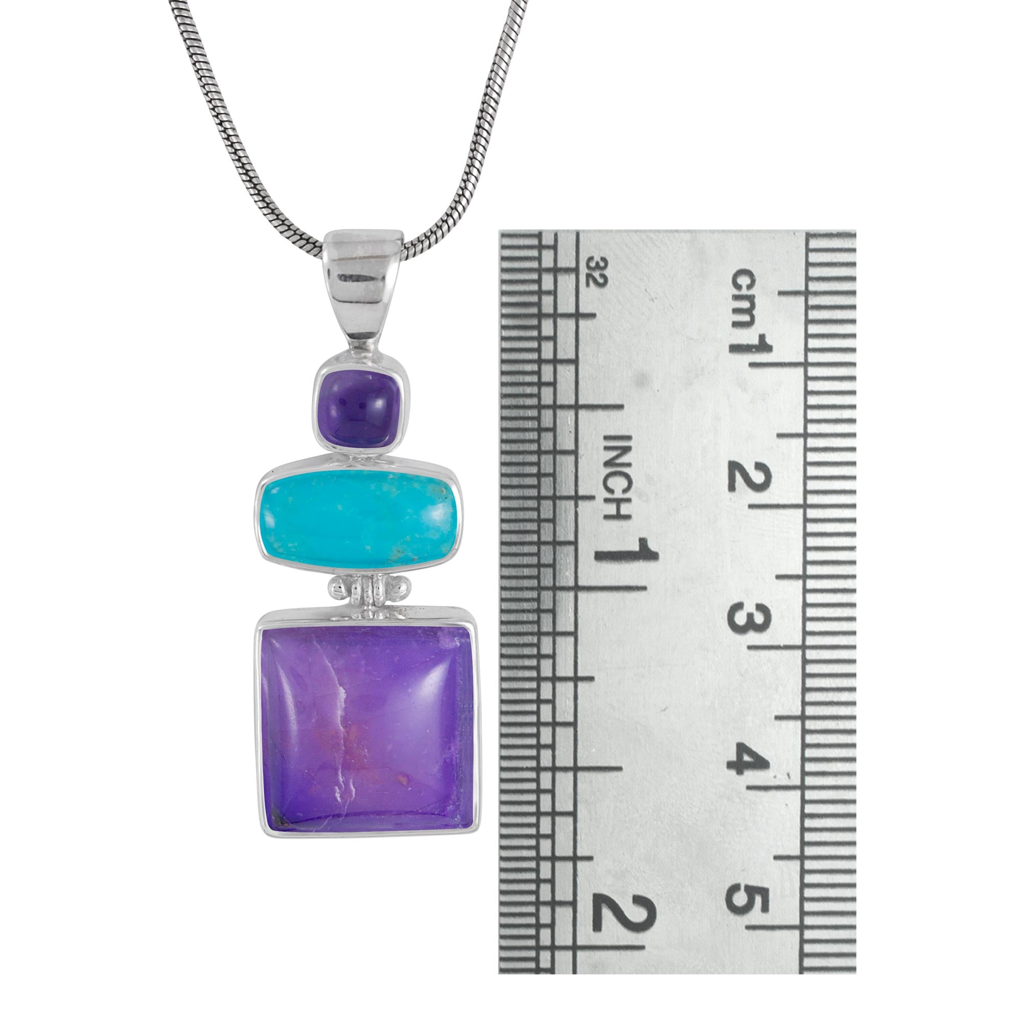 Sterling Silver Pensant With Amethyst Square Cabison, Turqouise Recktangle, Sugilate Square