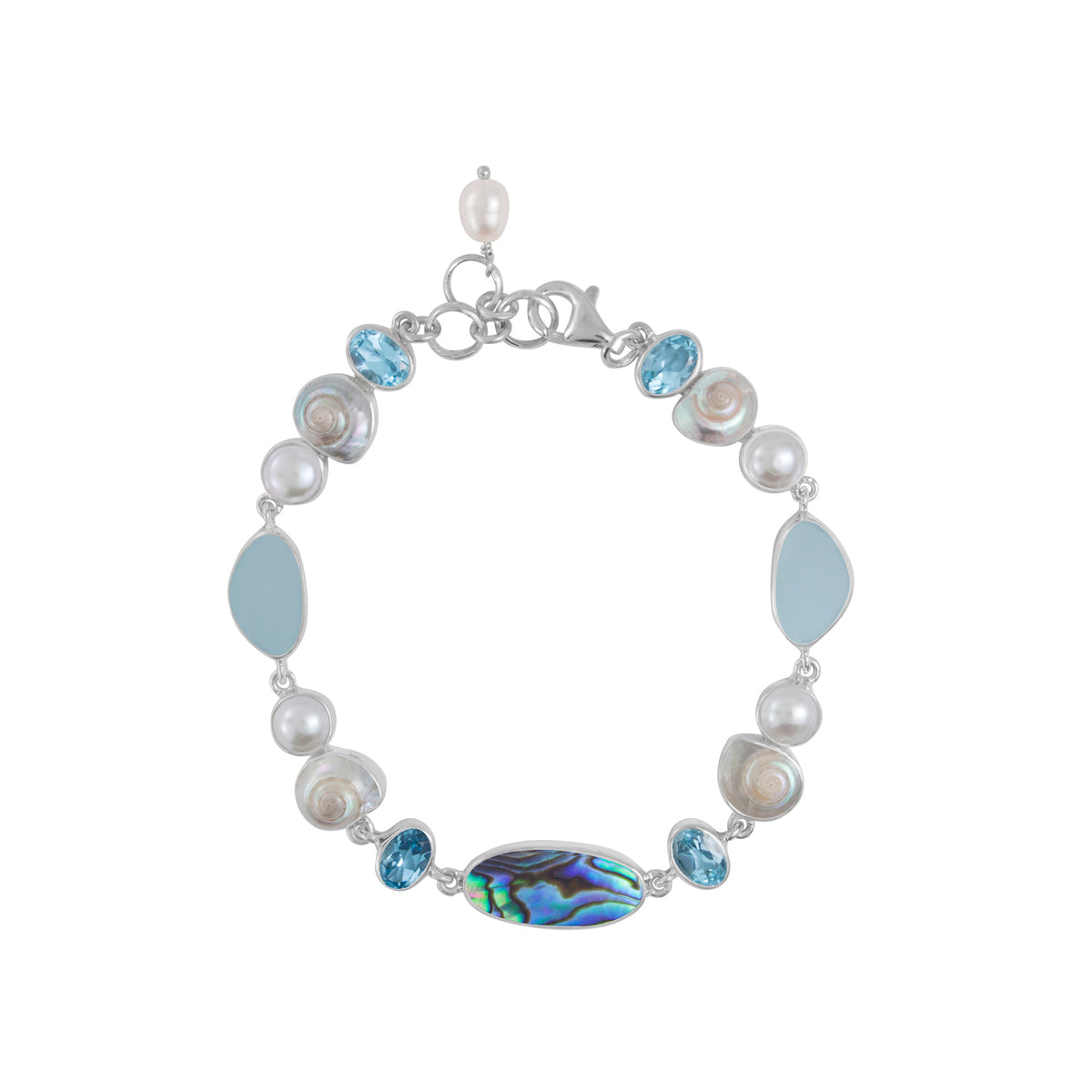 Sterling Silver Bracelet With Shell Malabar Turbos, Paua Oval, Blue Topaz Oval Facet And Pearl