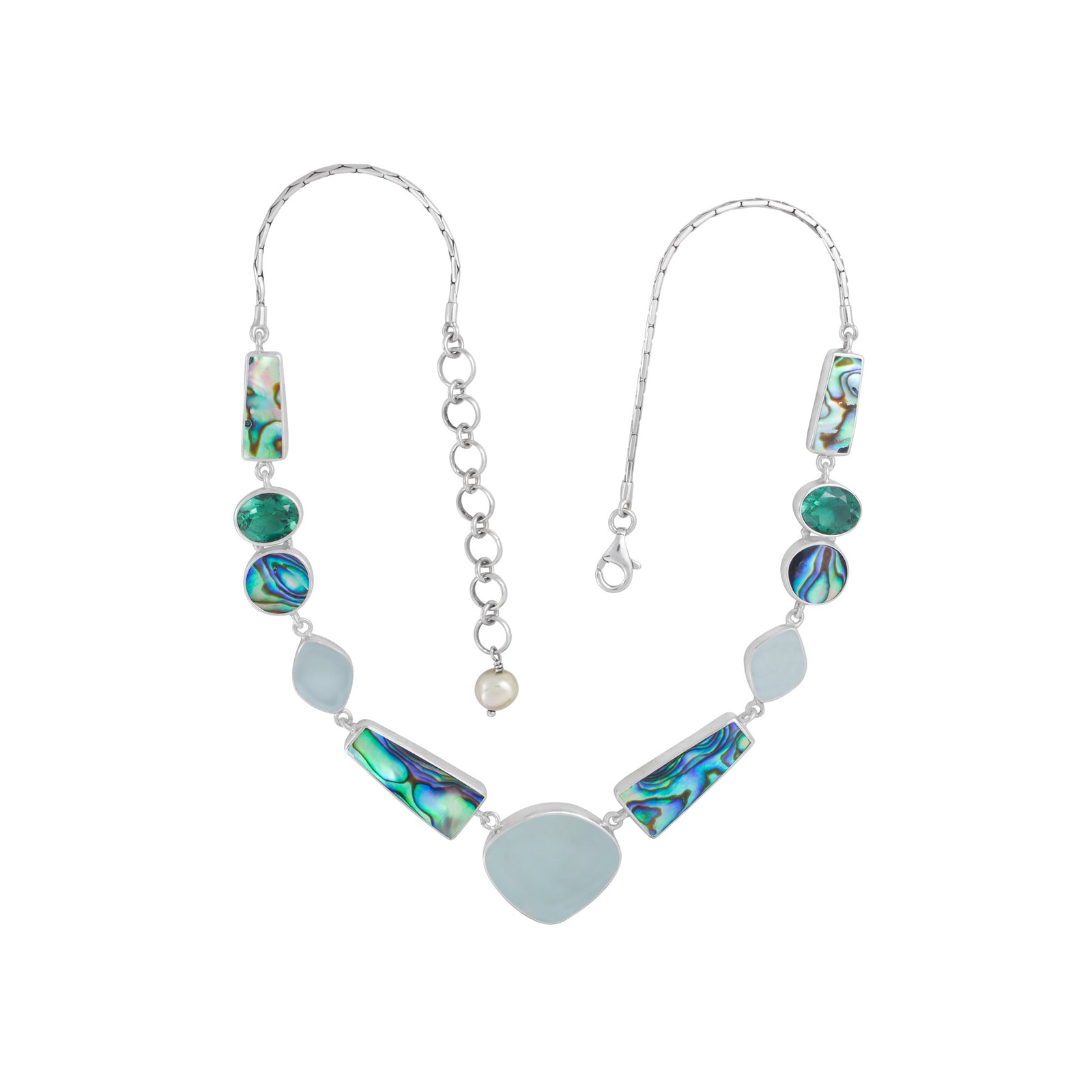 Sterling Silver Necklace With Sea Glass, Paua, Green Quartz Oval Facet