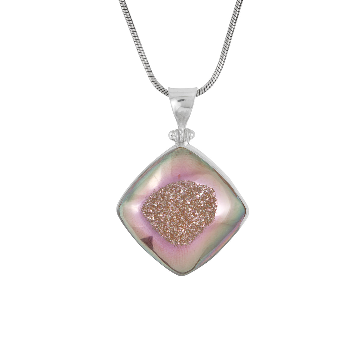 Sterling Silver Pendant With Druzy Spanish Rose Square Cushion