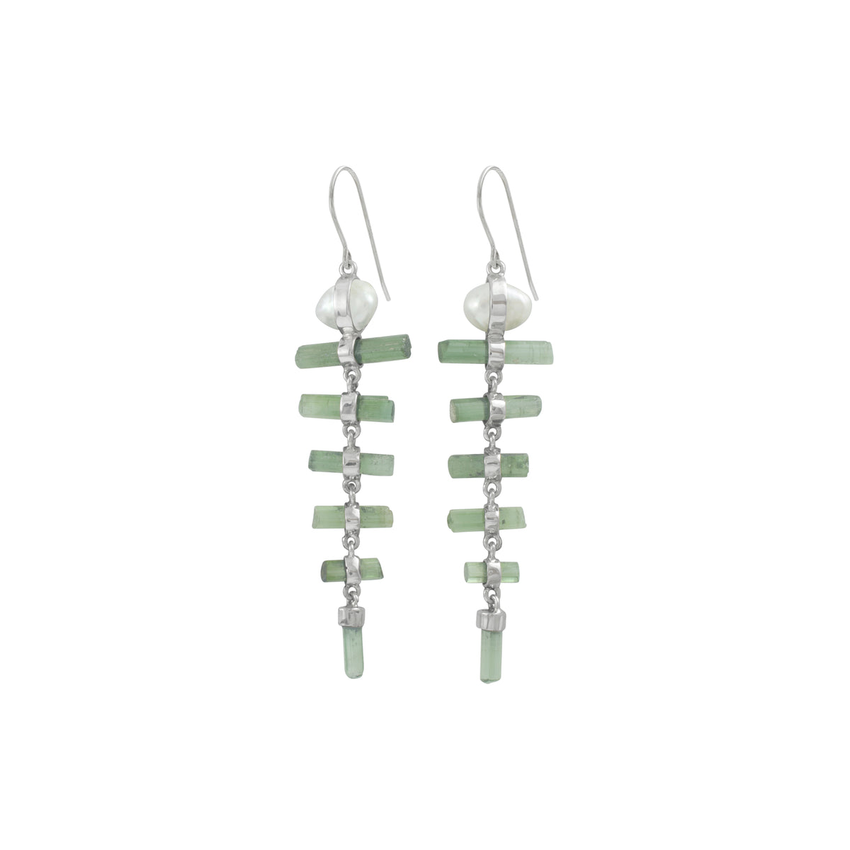 Sterling Silver Earring With Pearl And Green Tourmaline Point