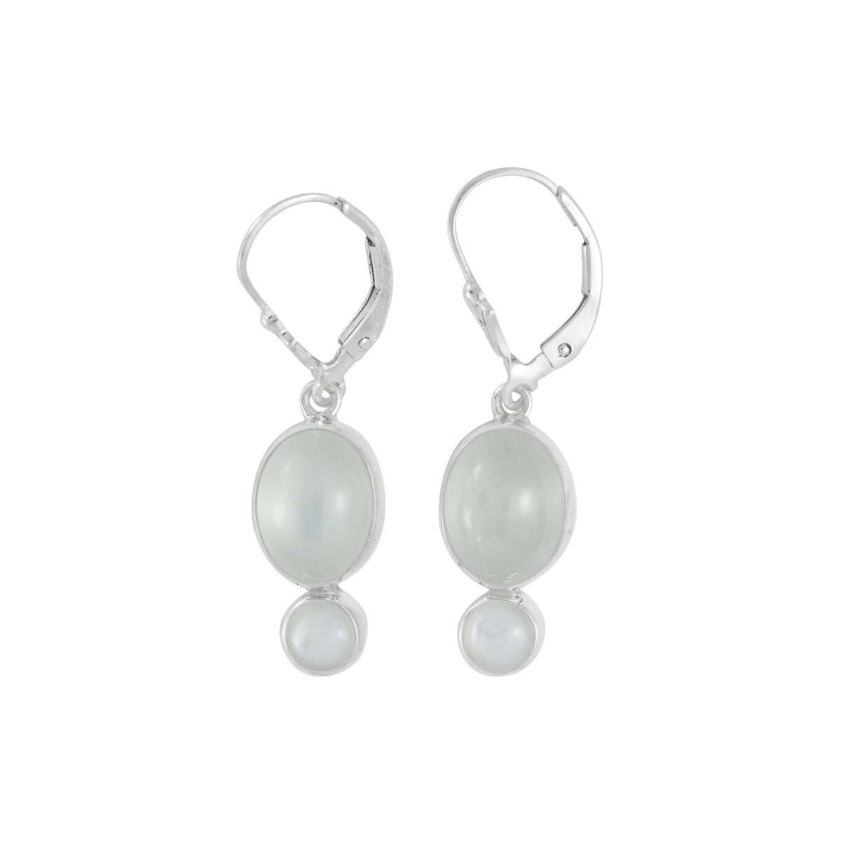 Sterling Silver Earring With Green Moon Stone Oval And Mather Of Pearl Round