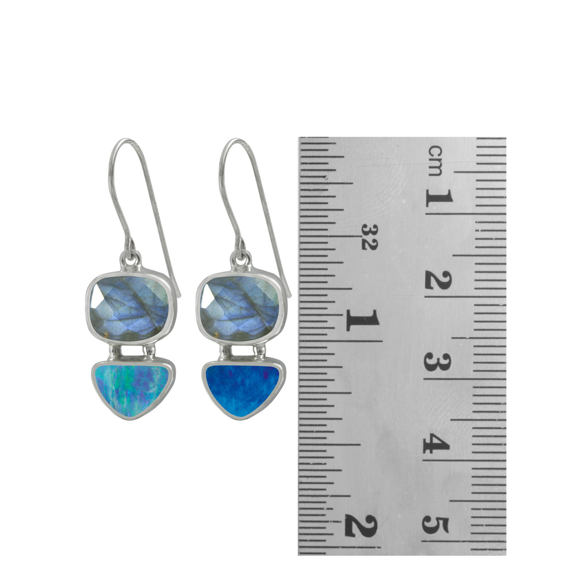 Silver Earring With Laboradite Rectangle Cushion And Opal Free Form