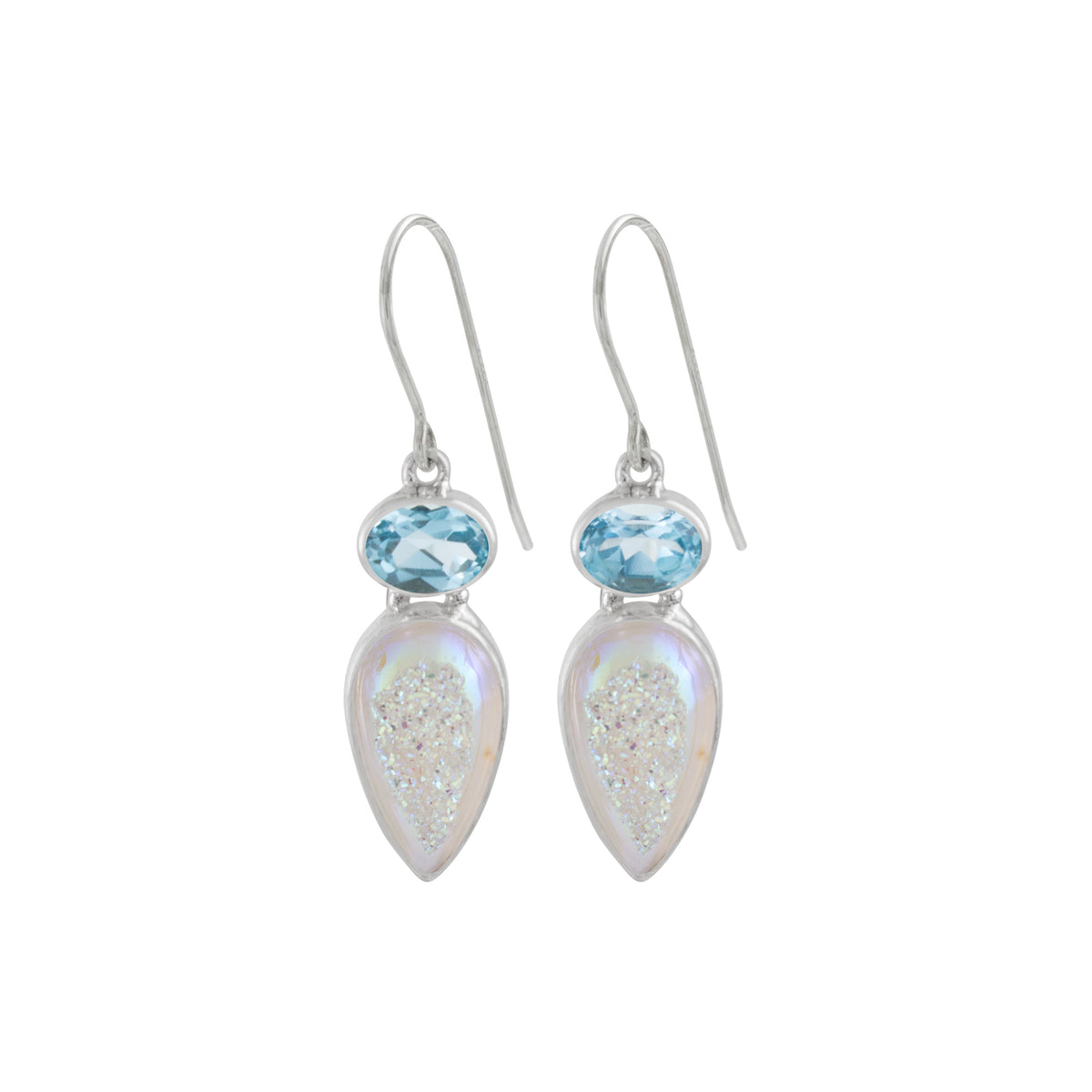 Sterling Silver Earring With Blue Topaz Oval And Druzy Opal Drop