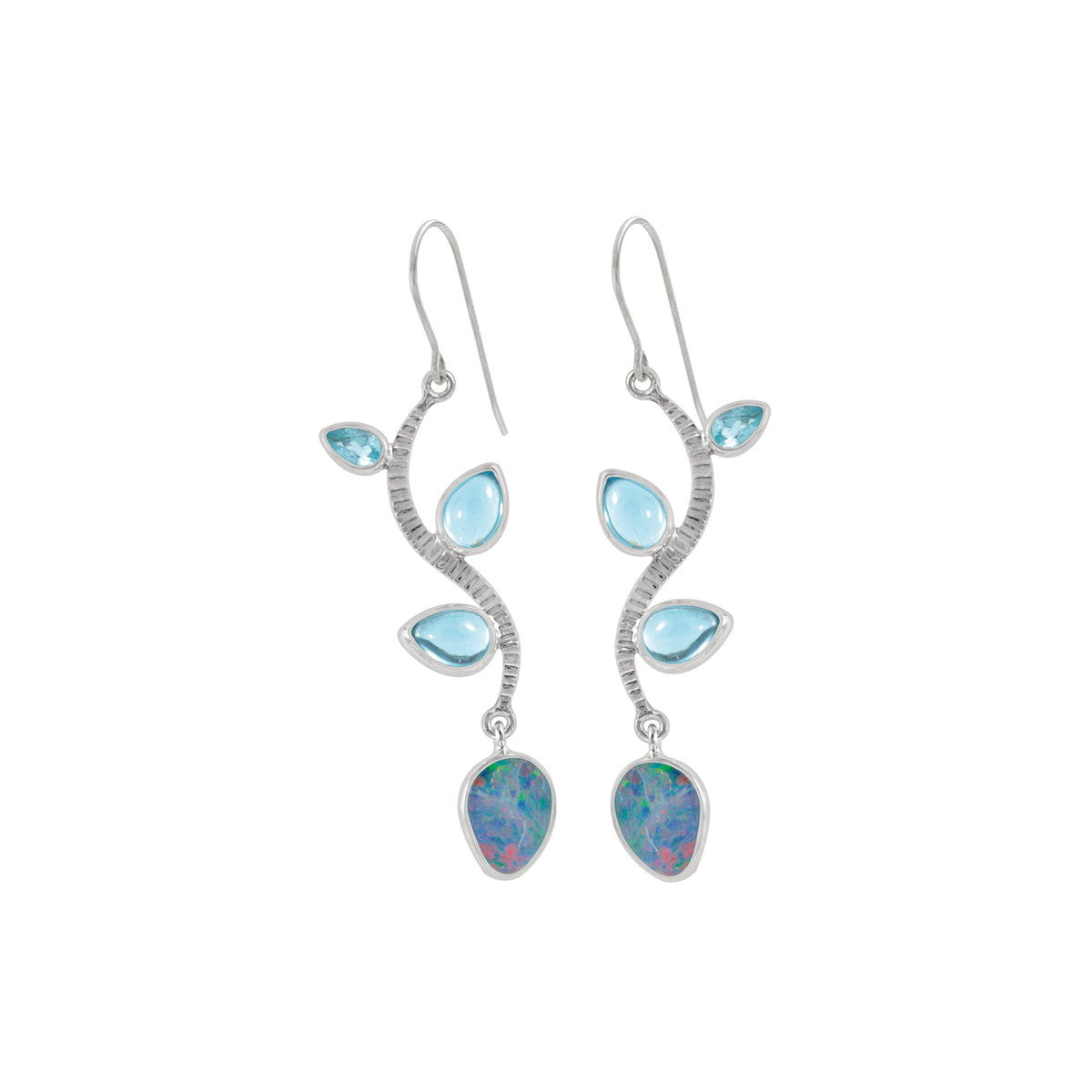 Sterling Silver Earring With 2 Blue Topaz Pear And Opal Free Form Drop