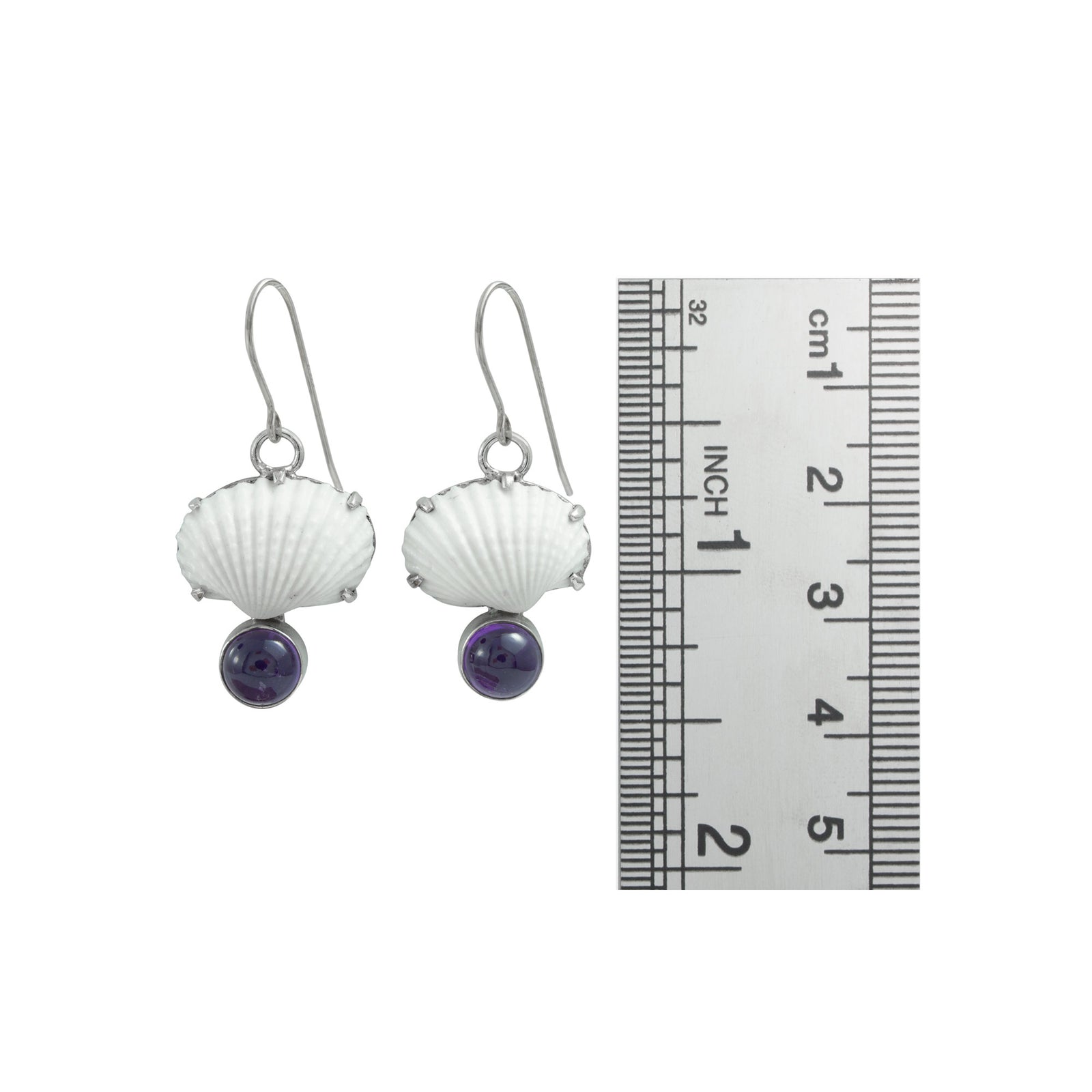 Silver Earring With Shell White Ark & Amethyst Round