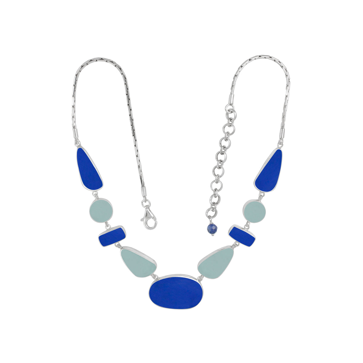 Sterling Silver Necklace With Aqua And Blue Sea Glass