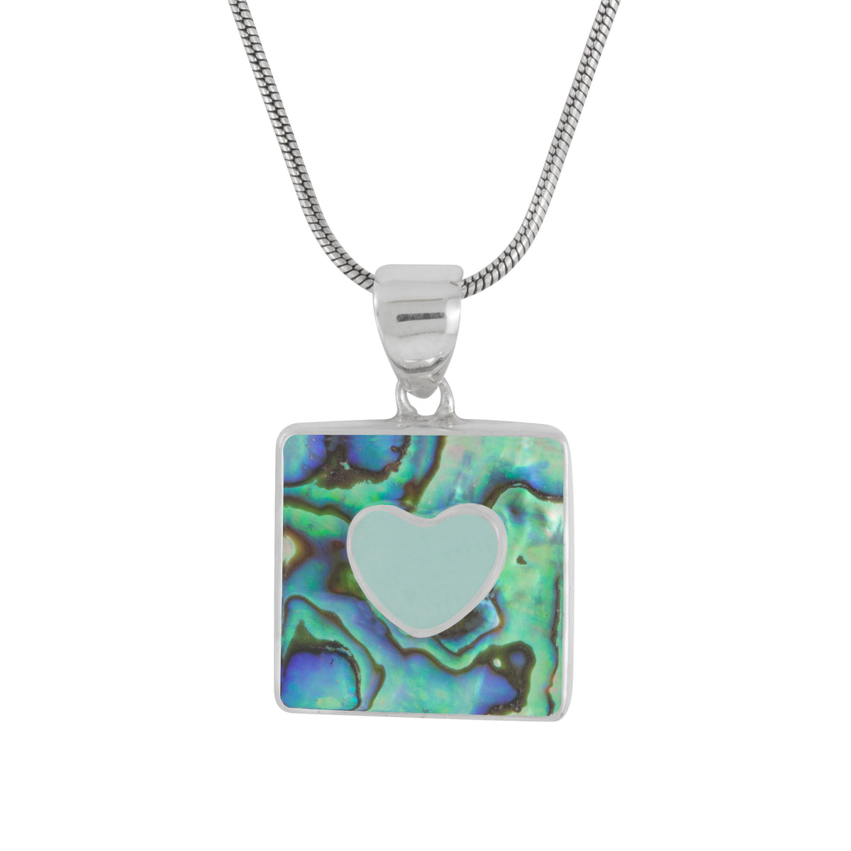 Sterling Silver Pendant With Paua Square And Sea Glass Aqua