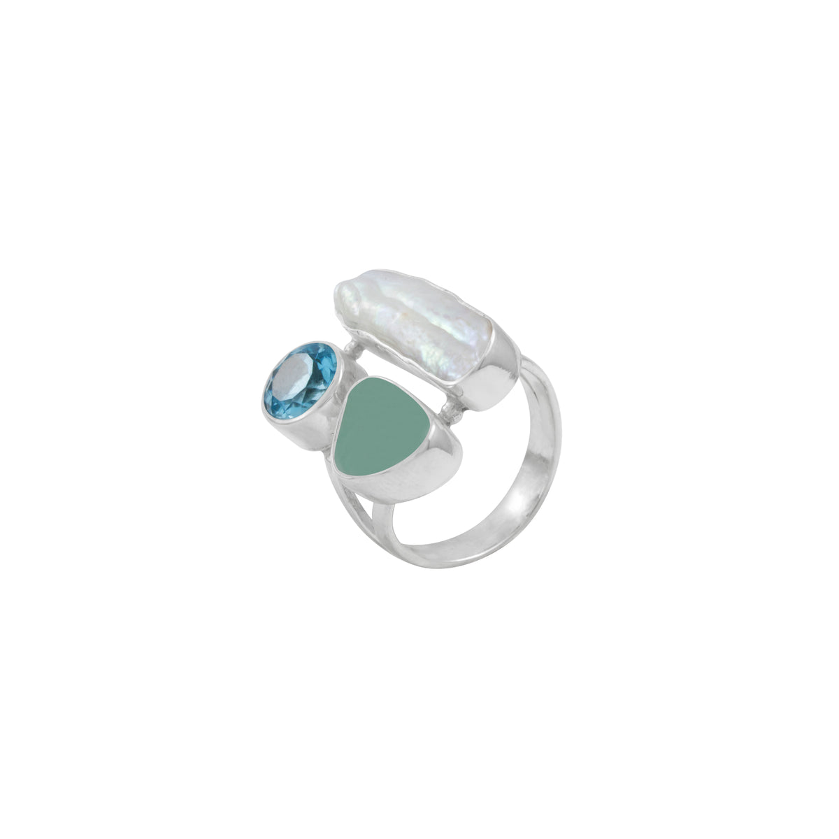 Stunning Sea glass Ring with Pearl and Blueb Topaz accents