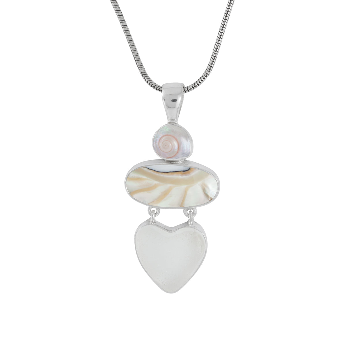 Sterling Silver Pendant With Shell Malabar Turbos &amp; Nautilas, Sea Glass White