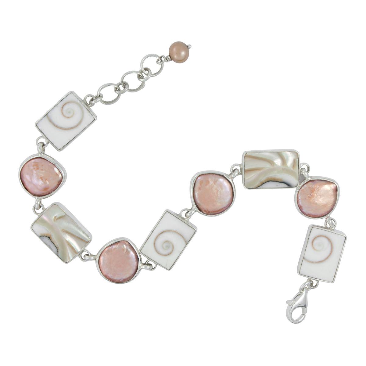 Silver Bracelet With Shell Spiral, Shell Nautilas And Pearl