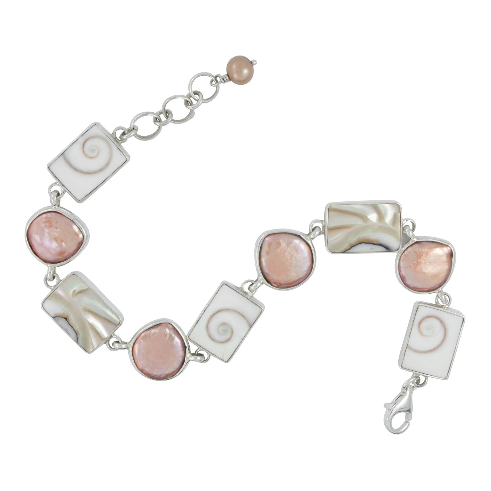 Silver Bracelet With Shell Spiral, Shell Nautilas And Pearl