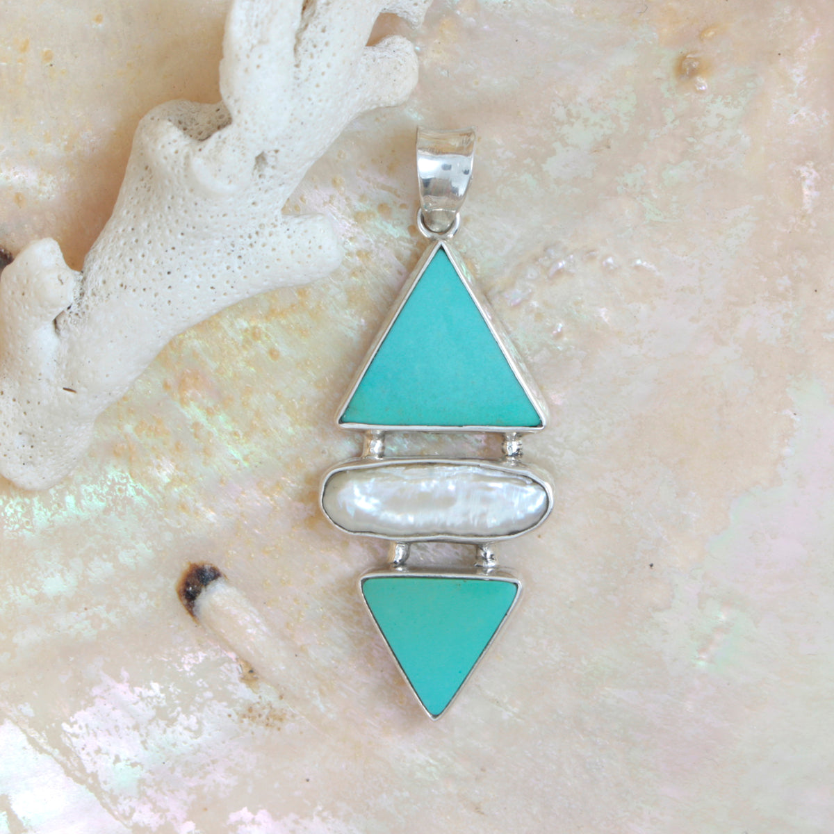 Silver Pendant With 2 Lapis Tri Angle And Pearl Biwa