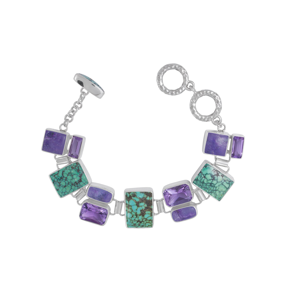 Sterling Silver Bracelet With Turqouise, Sugilate And Amethyst Rectangle Facet