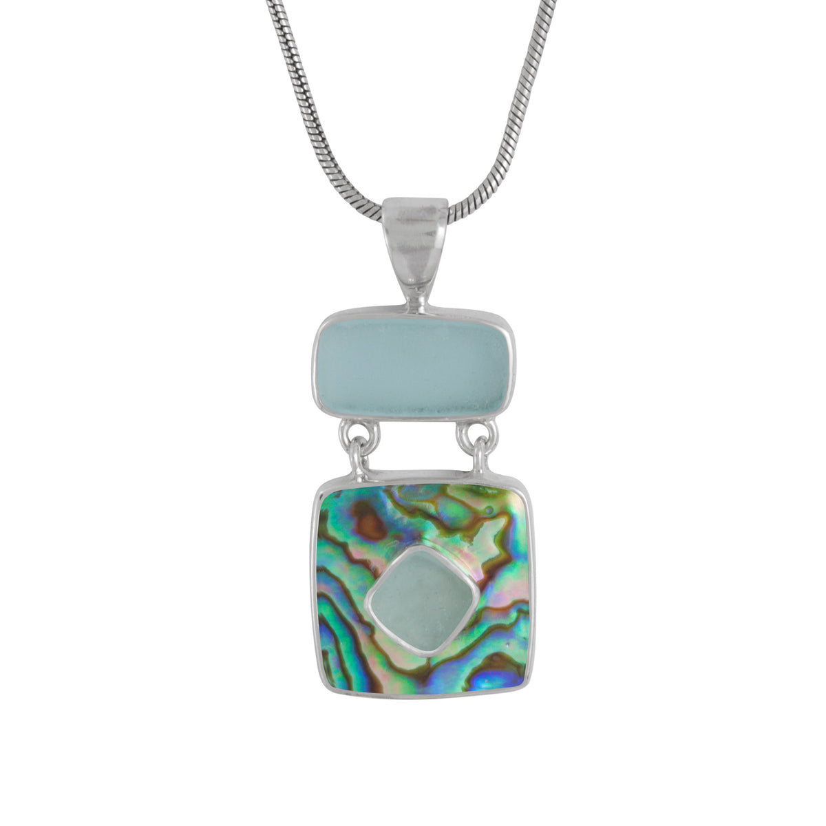 Sterling Silver Pendant With Paua Square And Sea Glass Aqua