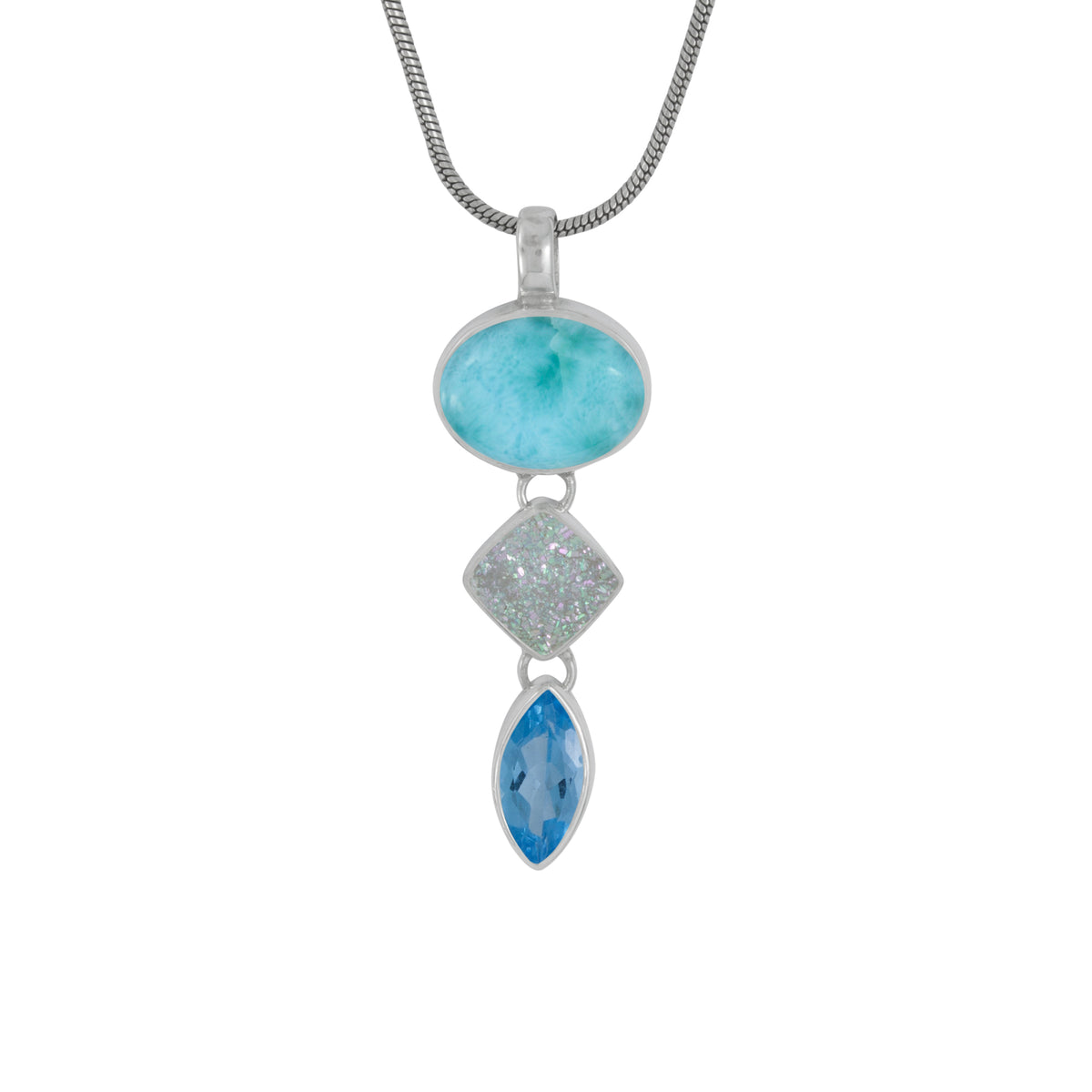 Gorgeous Larimar &amp; Druze Pendant with Blue Topaz Drop
