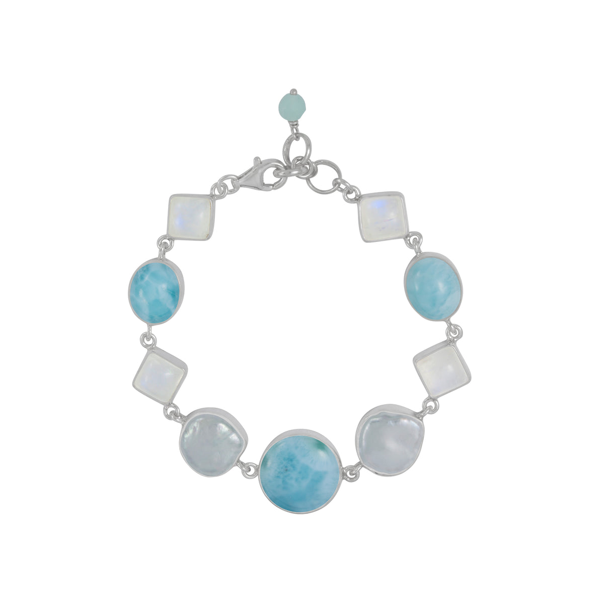 Sterling Silver Bracelet With Larimar, Rainbow MoonStone And Pearl