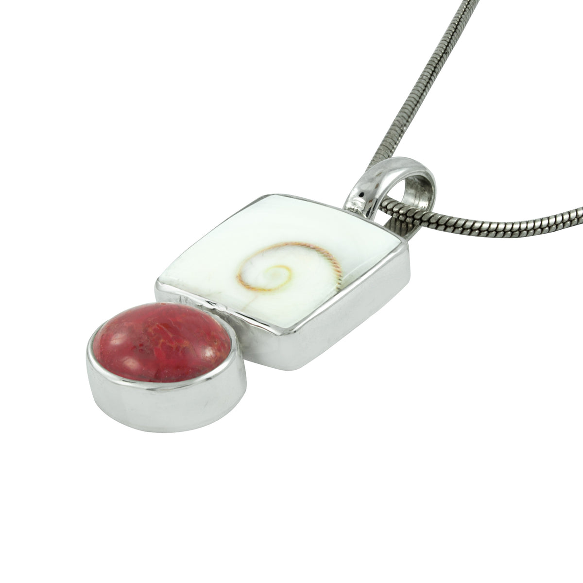 Silver Pendant With Shell Spiral Square &amp; Coral Oval Stone