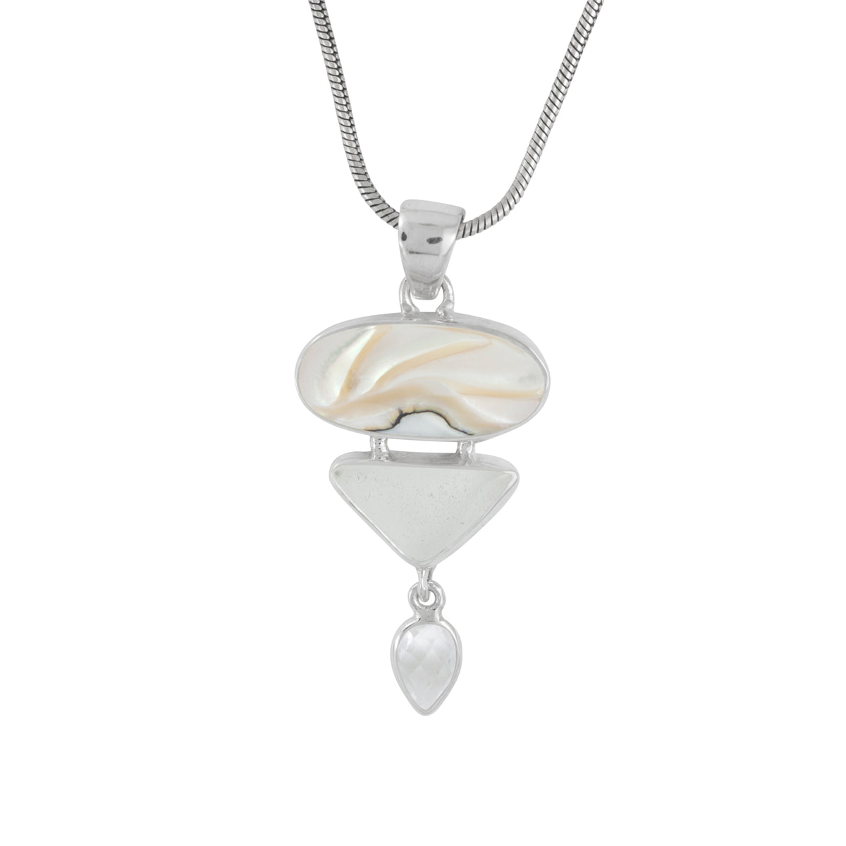 Sterling Silver Pendant With Shell Nautilas, Sea Glass White, White Topaz Pear Drop