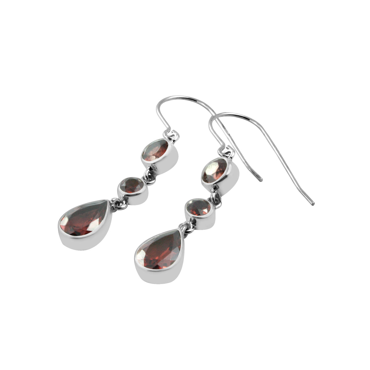 Silver Earring With Round Facet Garnet &amp; Pear