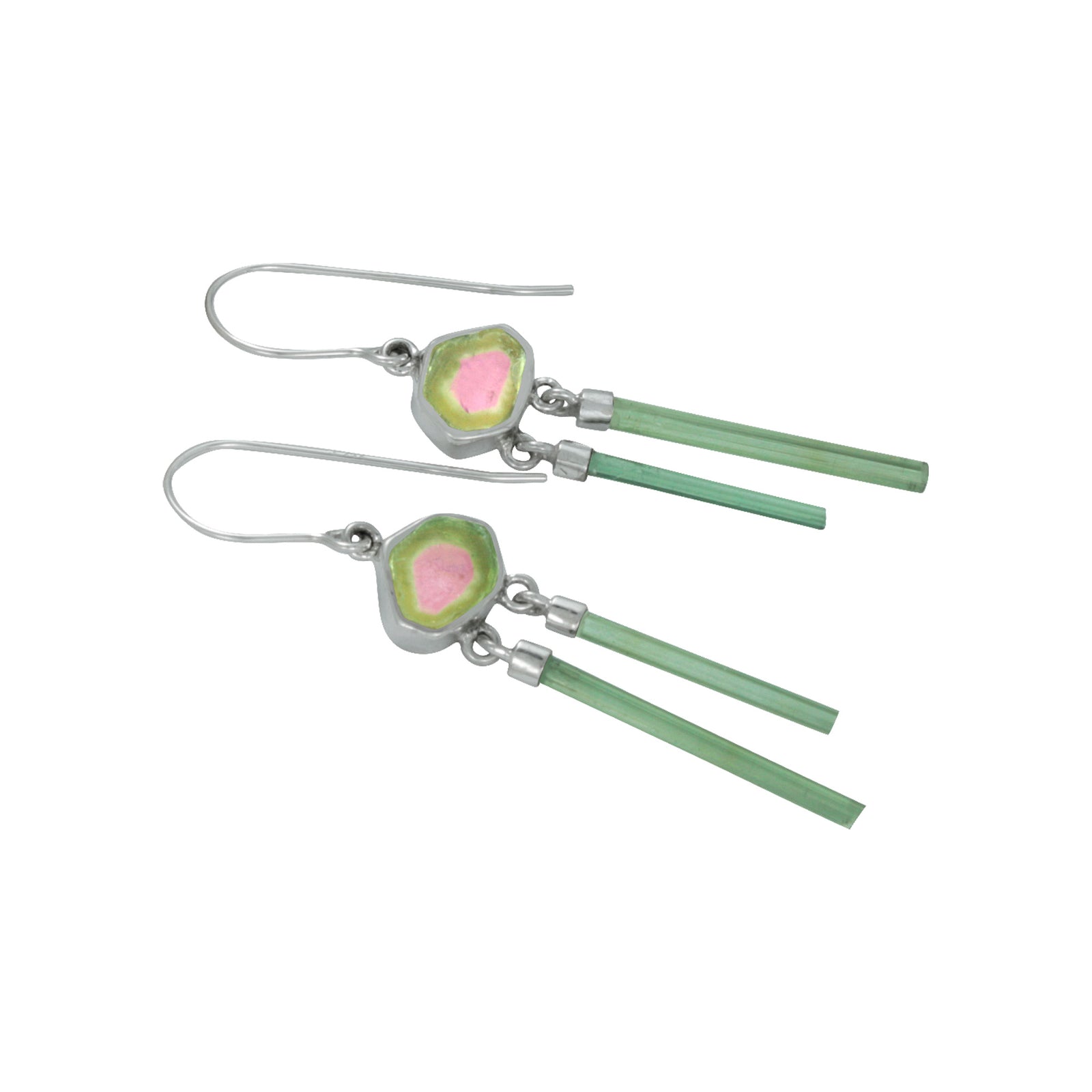 Silver Earring With Watermelon & Green Toumaline Drop