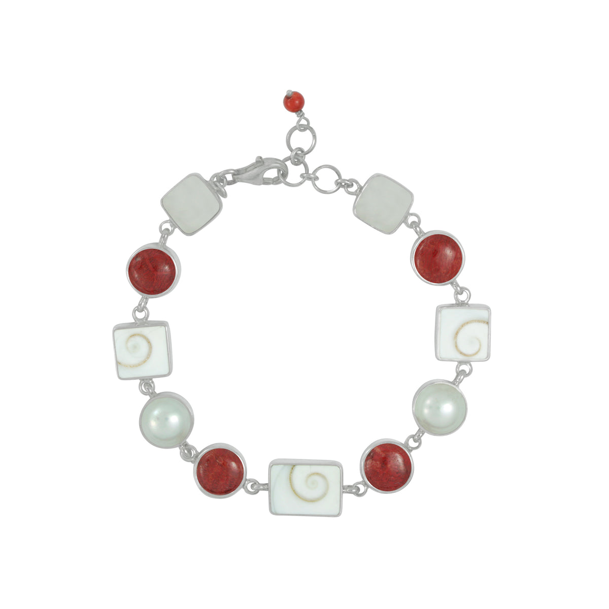 Red Coral , Pearl and Spiral Shell Bracelet