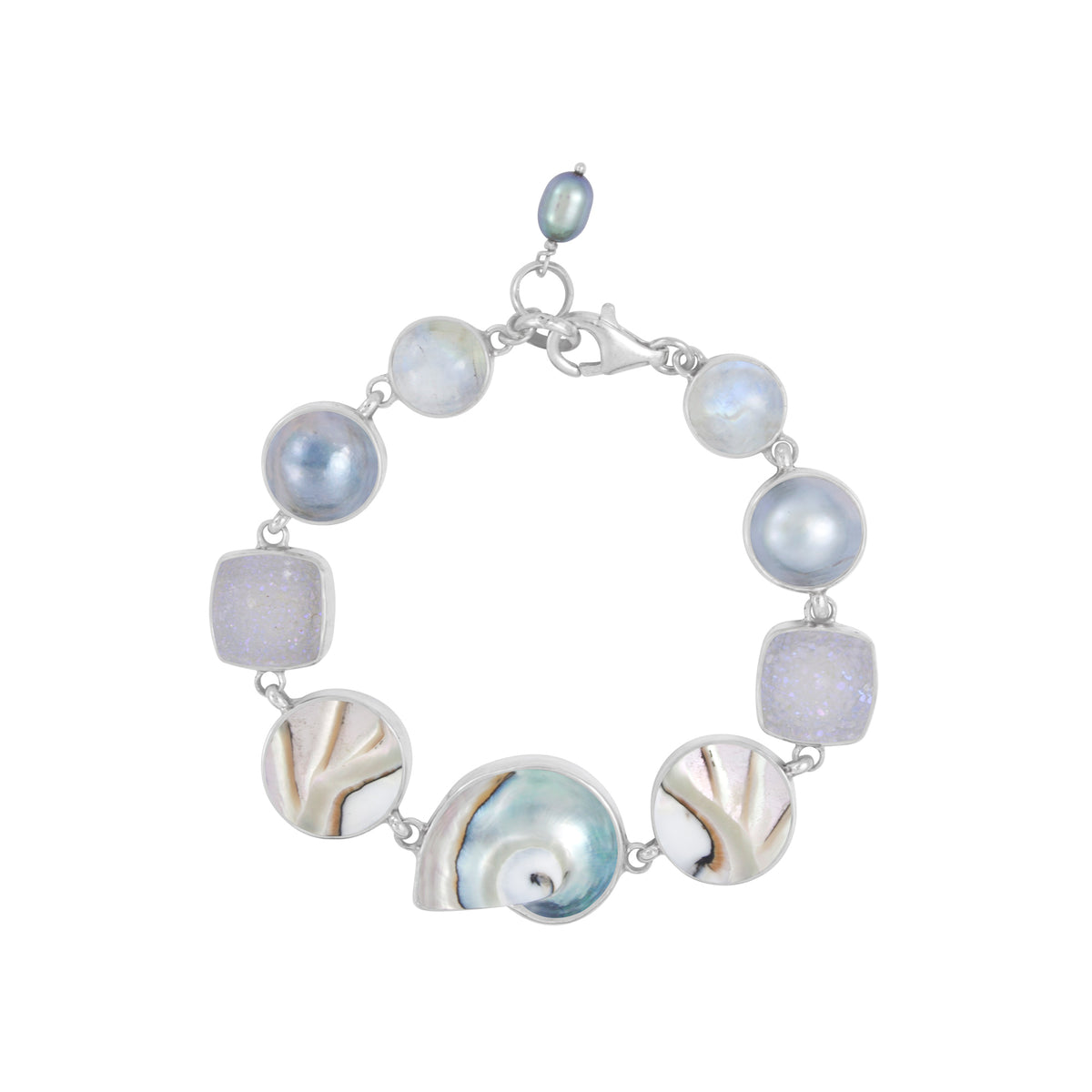 Sterling Silver Bracelet With Shell Nautilas, Druzy Opal, Mabe Pearl, Rainbow Moon Stone