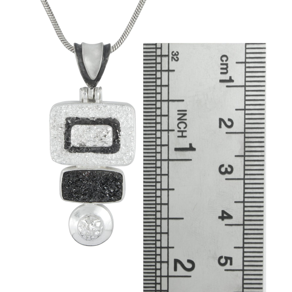 Silver Pendant Texture Component With Druzy Black Knight Rectangle Cushion