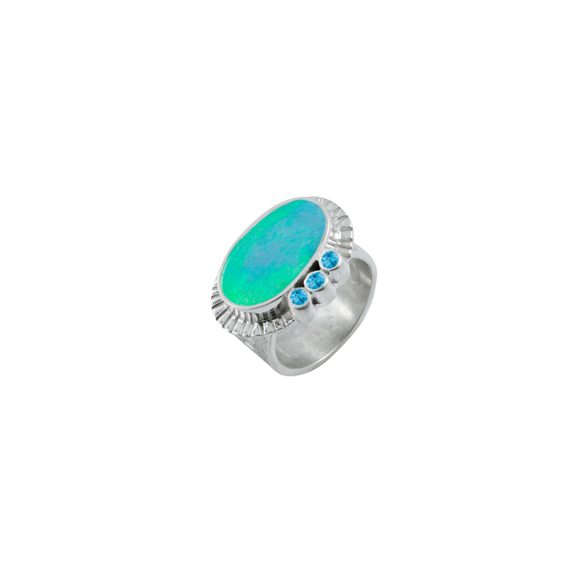 Silver Ring Texture Component With Opal Free Form & Blue Topaz Round