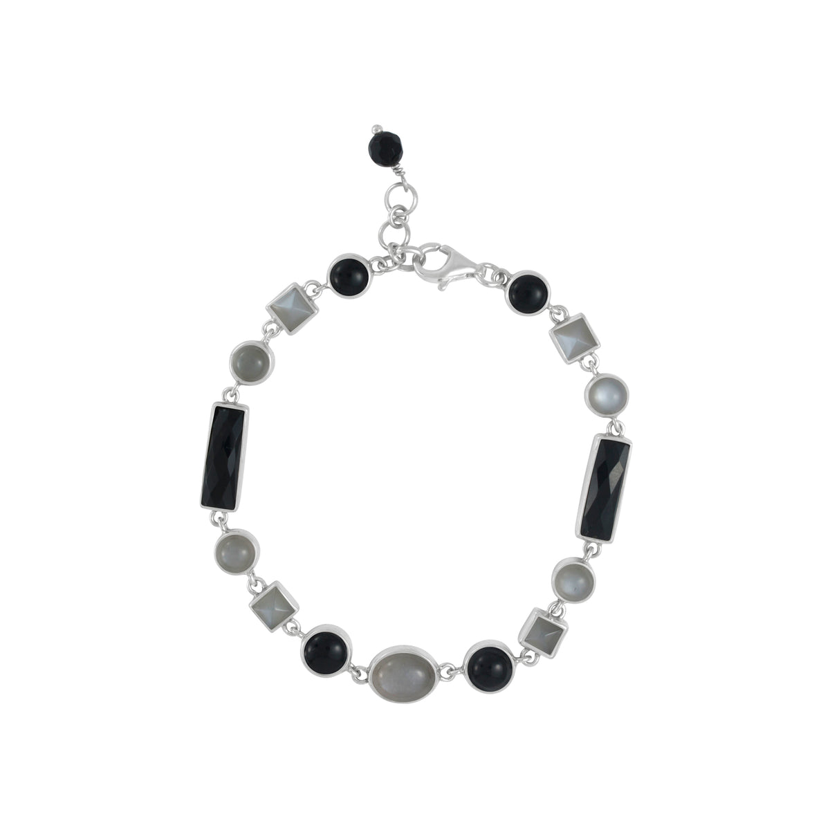 Sterling Silver Bracelet With Grey Moon Stone, Onyx Rectangle Brio And Round