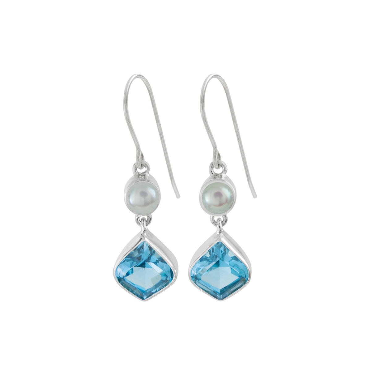 Sterling Silver Earring With Pearl Round And Blue Topaz Onion Drop Facet