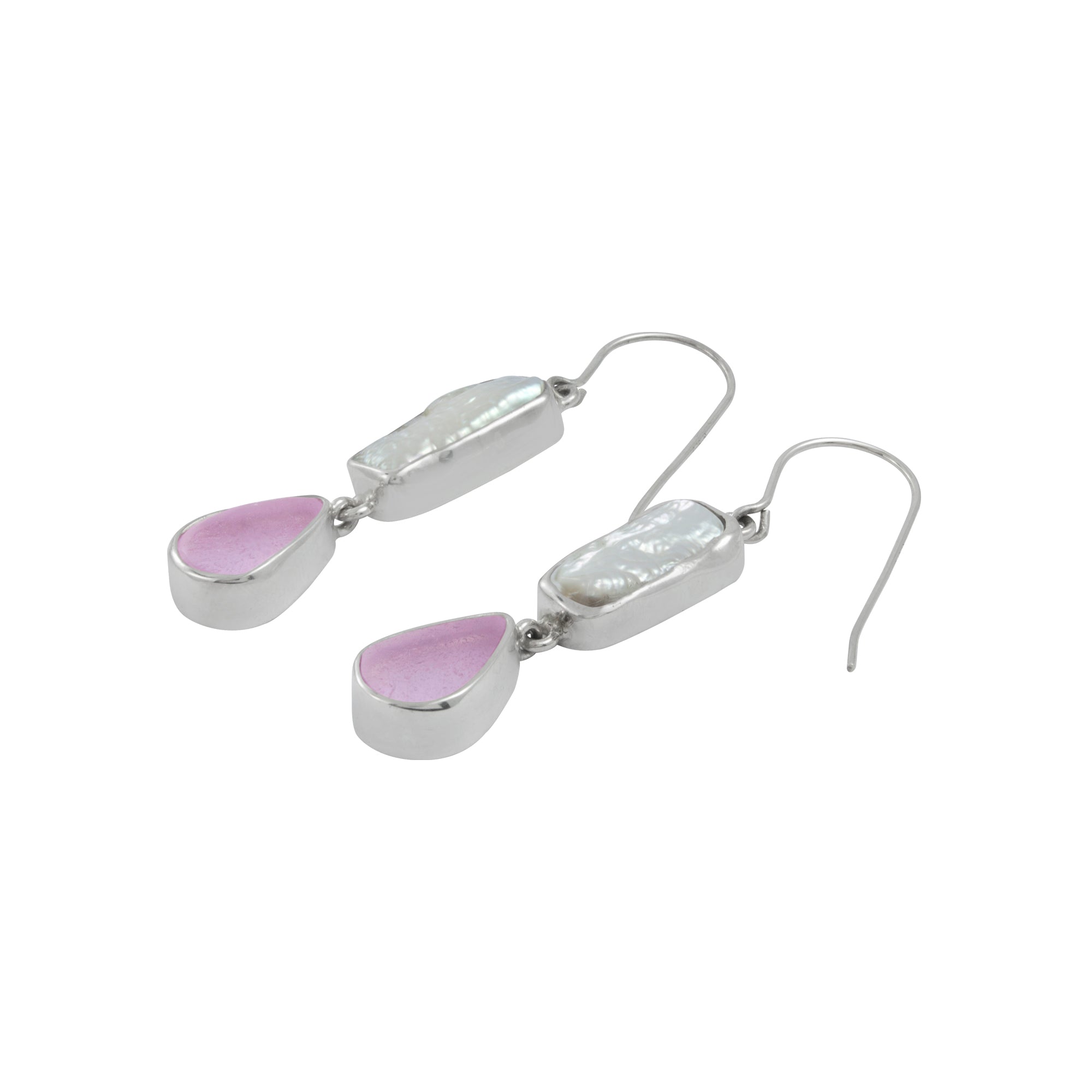 Silver Earring With Pearl Biwa & Sea Glass