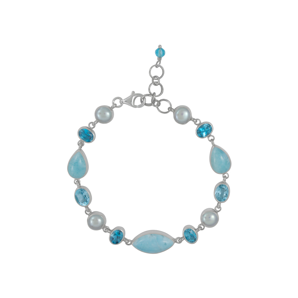 Transform your  style with this Exquisite Sterling Silver,Larimar, BlueTopaz and Pearl Bracelet