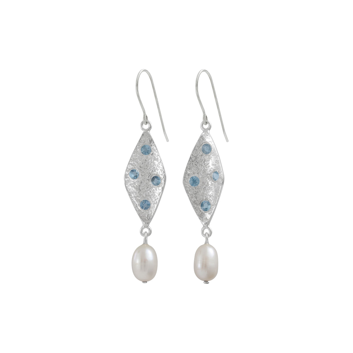 Contemporary Blue Topaz and Opal Earring in Textured Silver