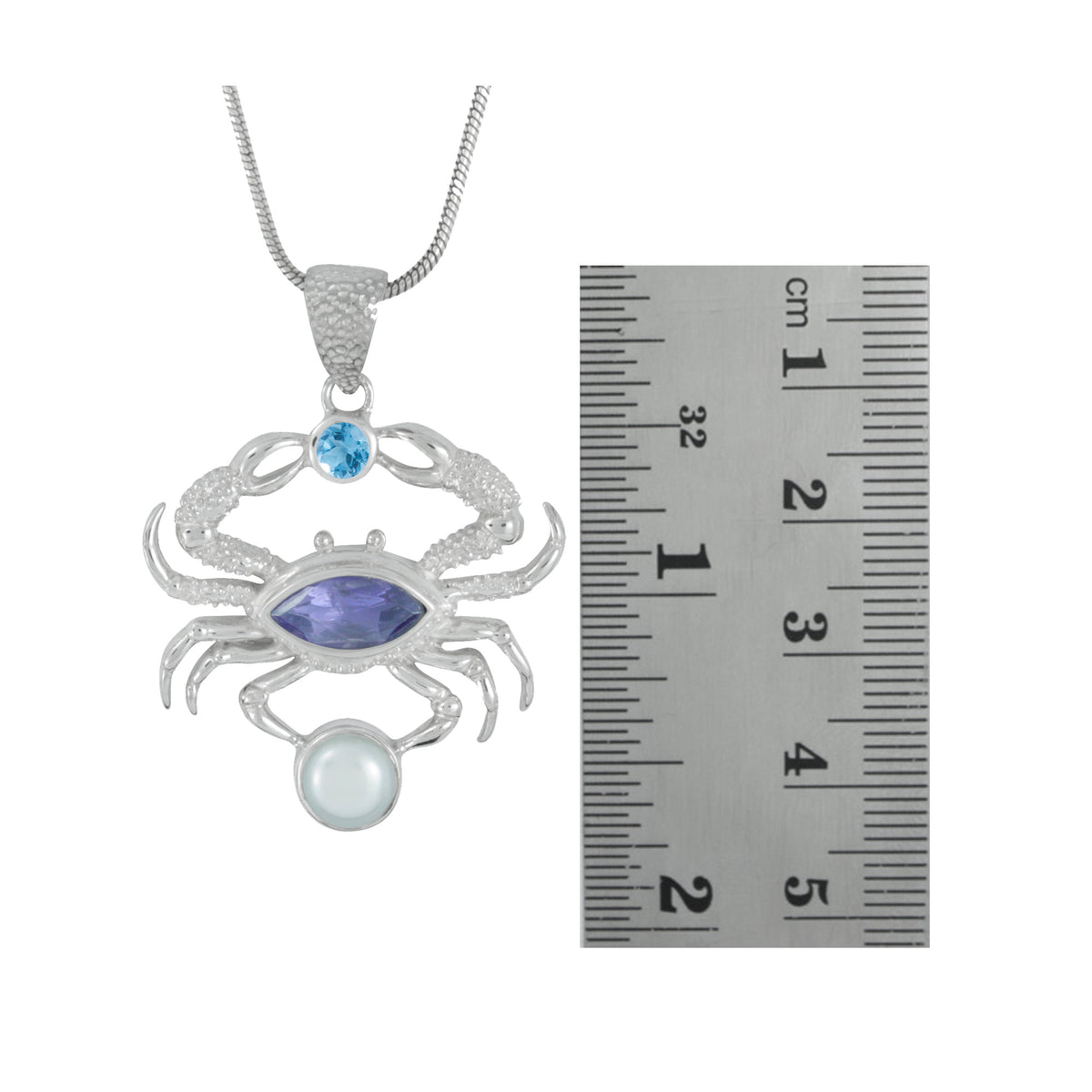 Silver Pendant With Blue Topaz, Iolite, Pearl  With Crab Component