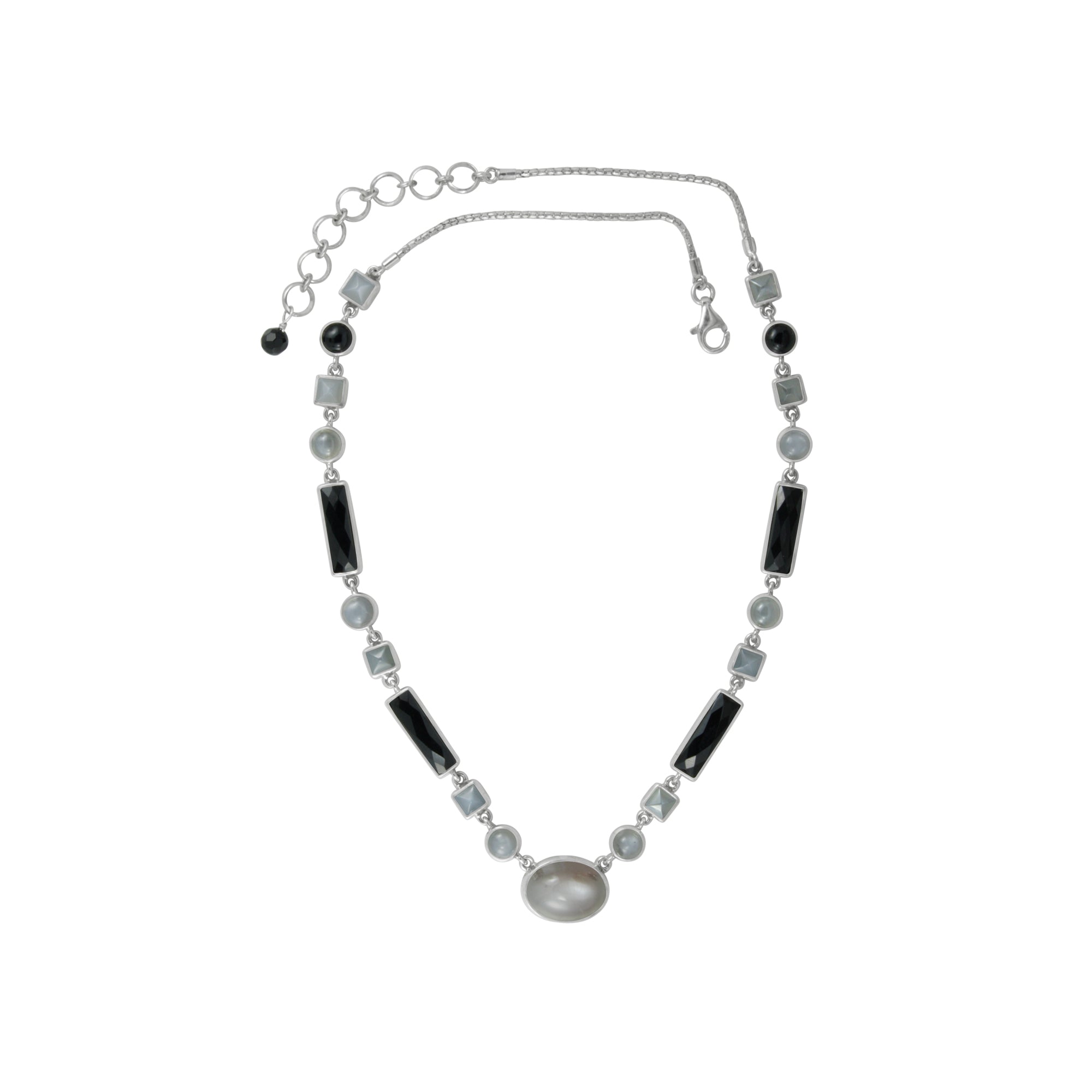 Sterling Silver Necklace With Grey Moon Stone And  Onyx
