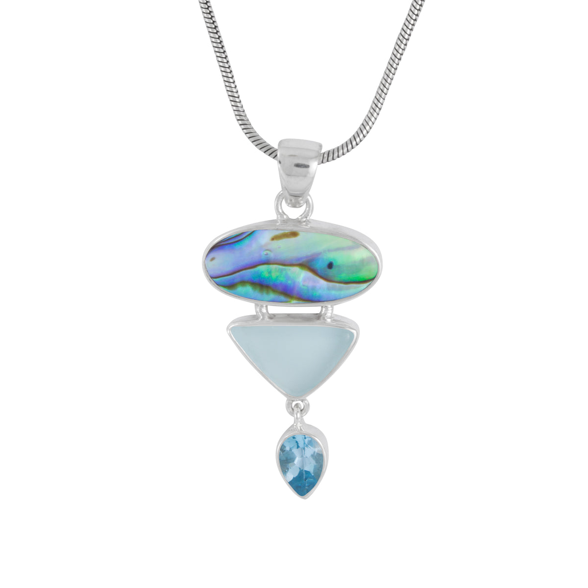 Sterling Silver Pendant With Paua Oval, Sea Glass Aqua And Blue Topaz Pear Drop