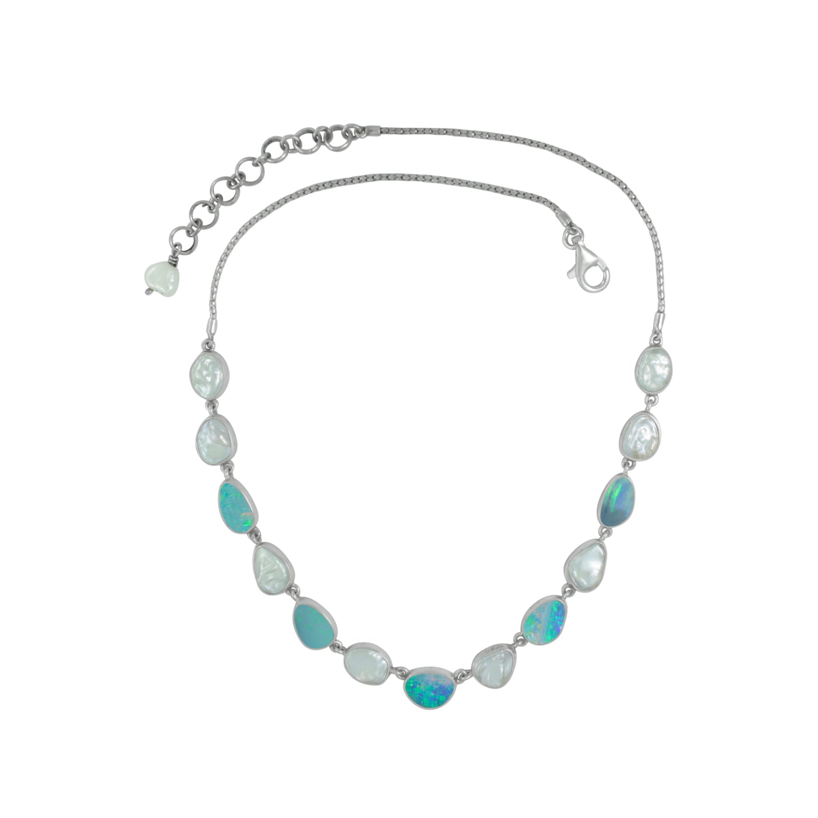 Sterling Silver Necklace With Opal Free Form And Pearl