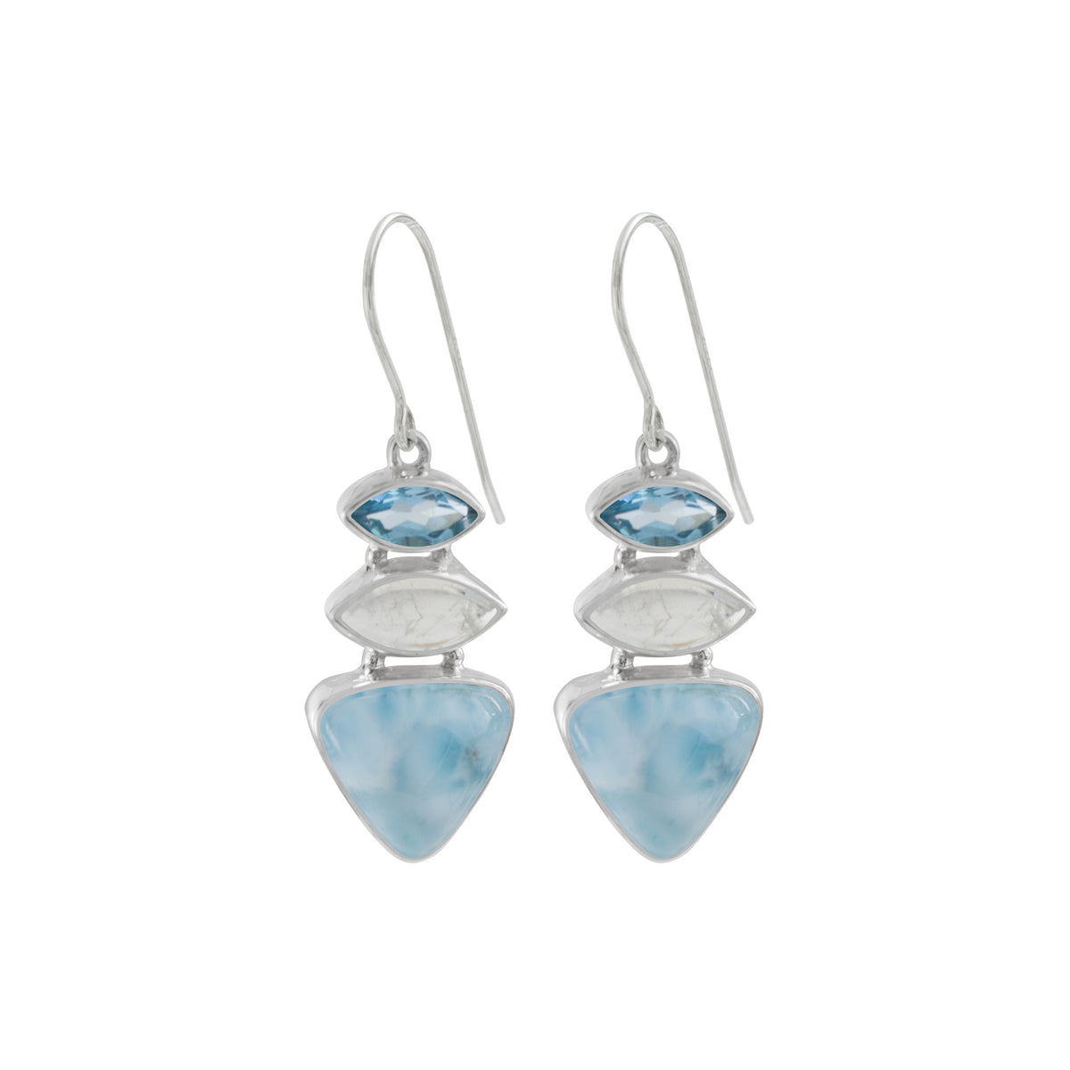 Sterling Silver Earring With Blue Topaz, Rainbowmoon Stone And Larimar Tri Angle