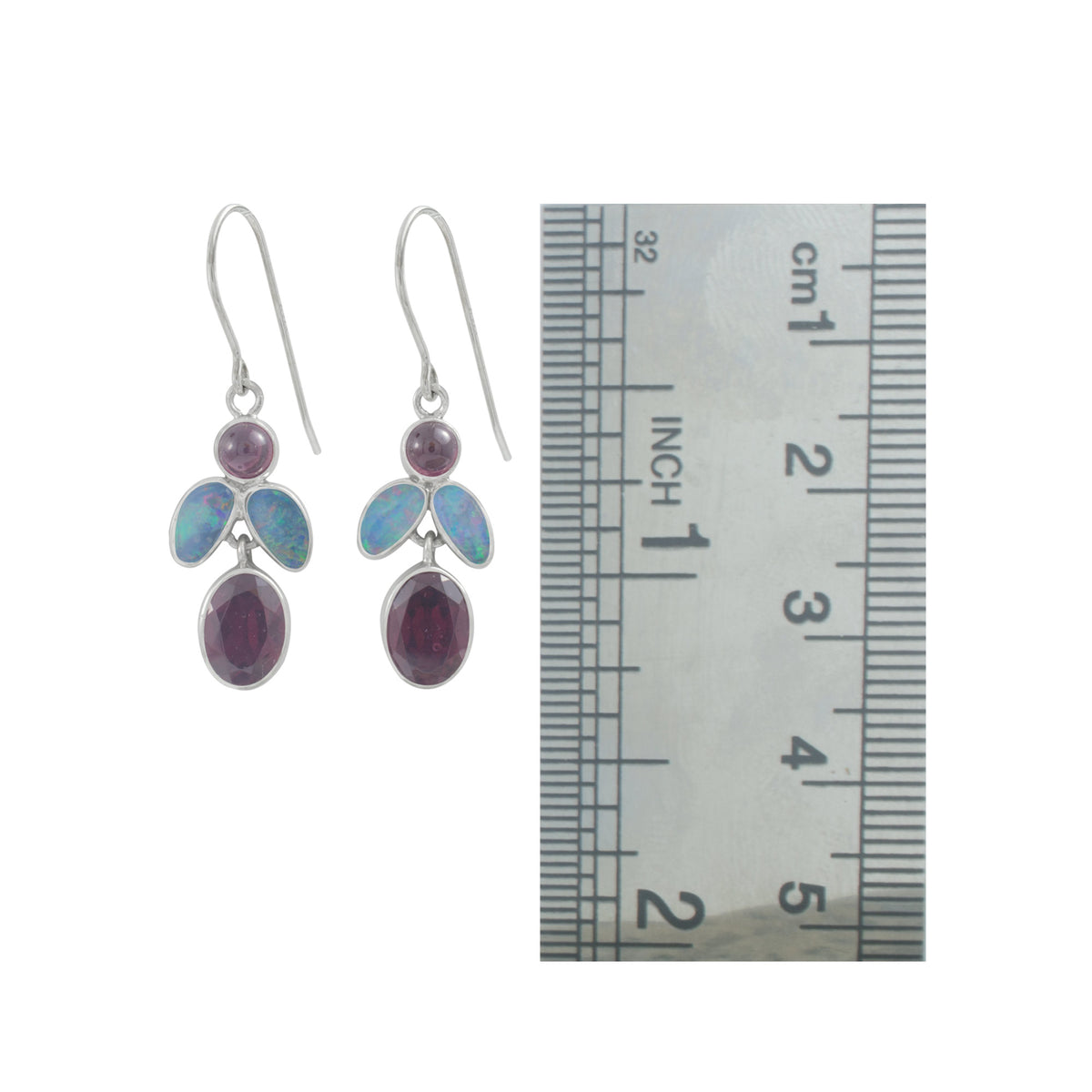 Silver Earring With Opal Flower Shape And Rhodolite Garnet Drop