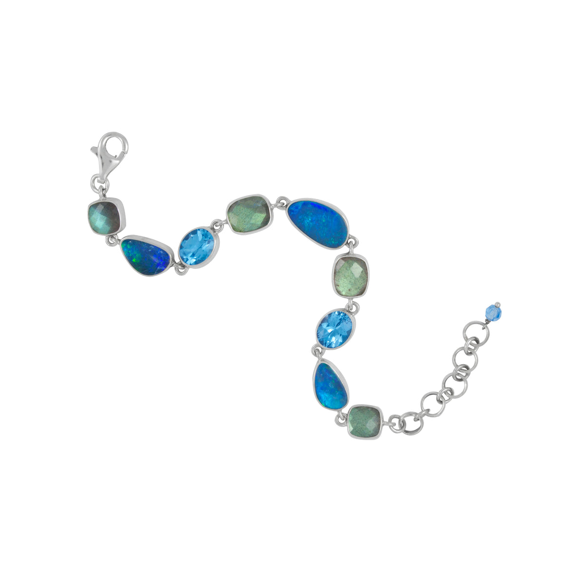 Silver Bracelet With Opal Free Form, Laboradite Cushion Checker &amp; Blue Topaz Oval
