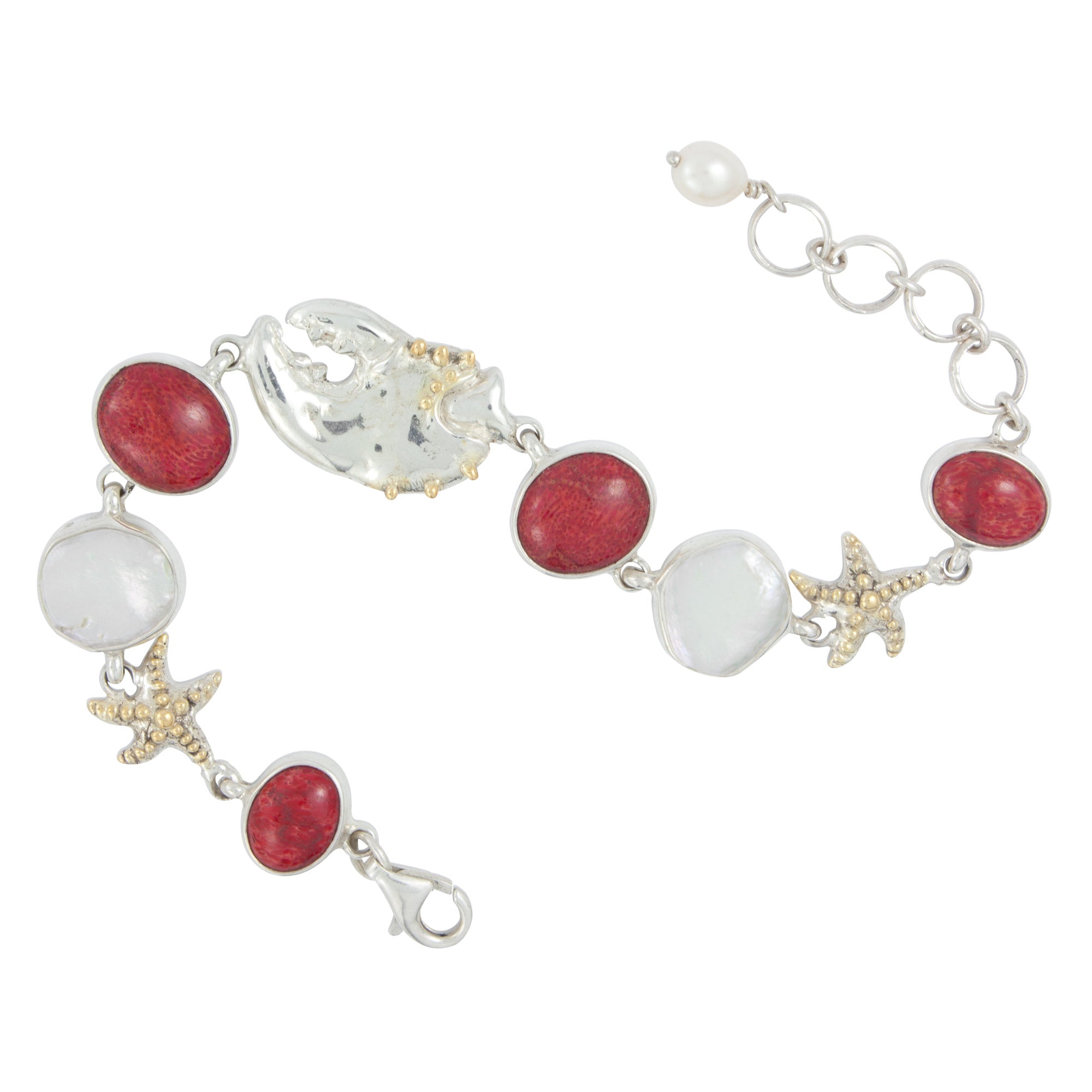Silver Bracelet With Star And Claw Component With Pearl, Sponge Coral Oval