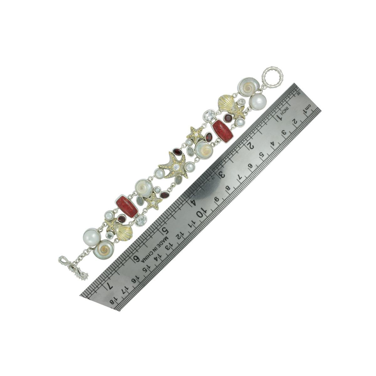 EXQUISITE Silver Bracelet With Sea Shells, gemstones and pearl