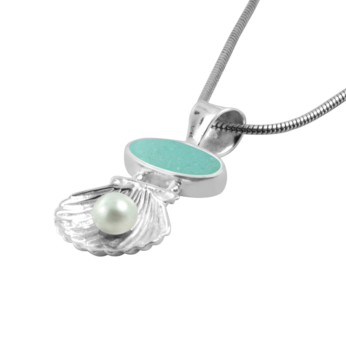 Sea Glass Shell Pendant with Pearl Treasure