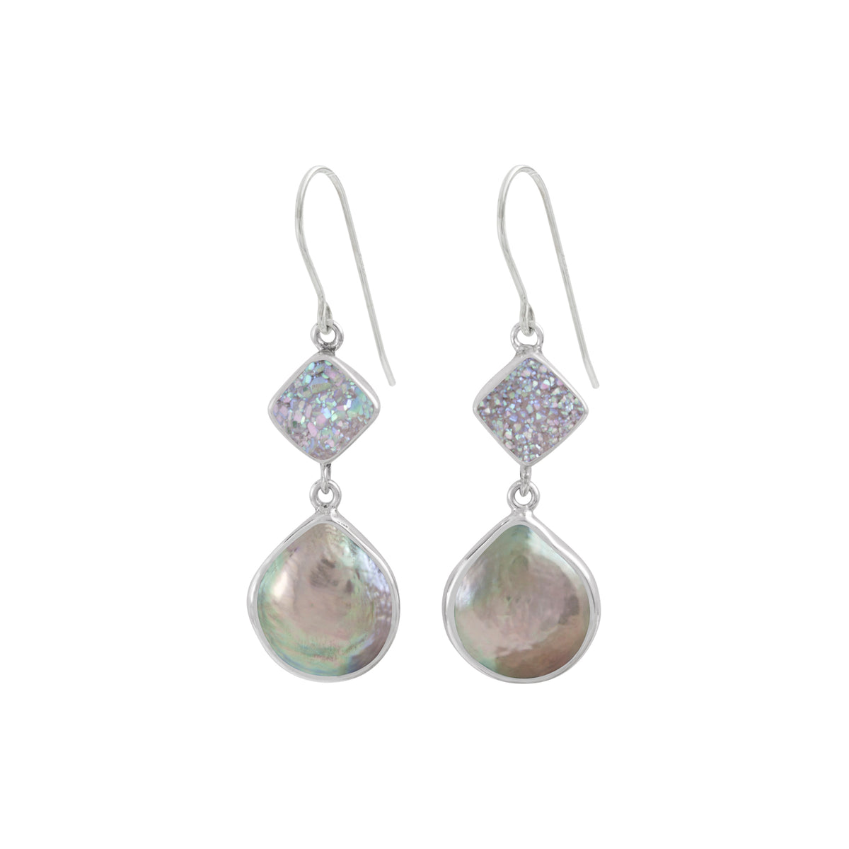 Sterling Silver Earring With Druzy Opal Square And Pearl Drop