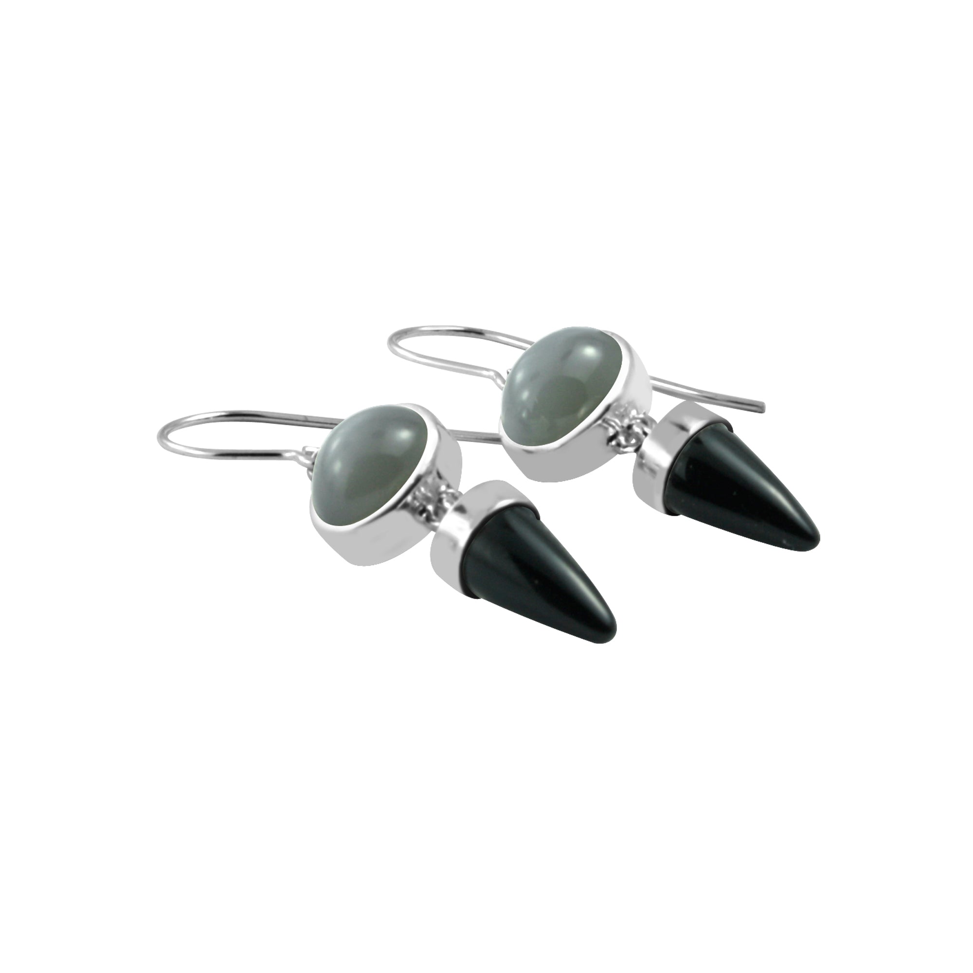 Simpley Elagant Grey moonstone and Onyx drop earringsSilver Earring With Greymoon Oval & Onyx Bullet