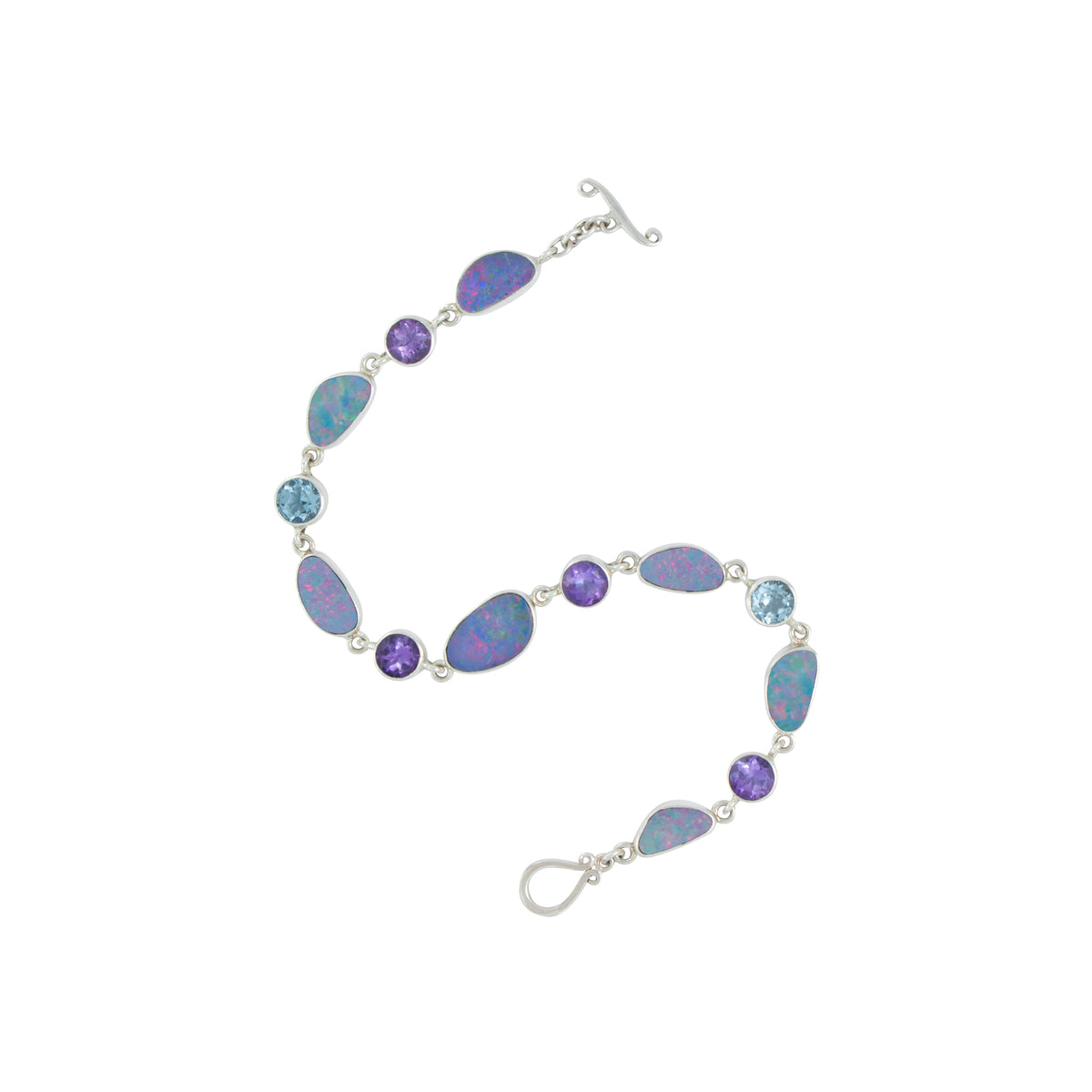 Silver Bracelet With Opal, Blue Topaz Round &amp; Amethyst Round