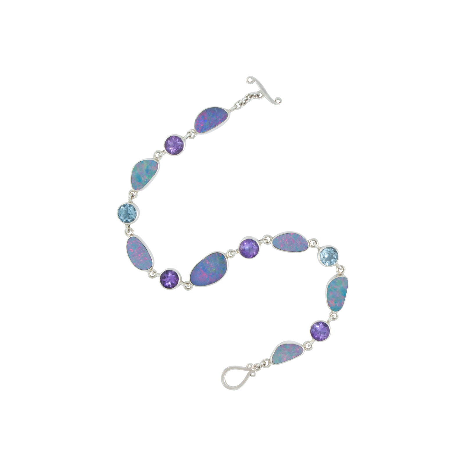 Silver Bracelet With Opal, Blue Topaz Round & Amethyst Round