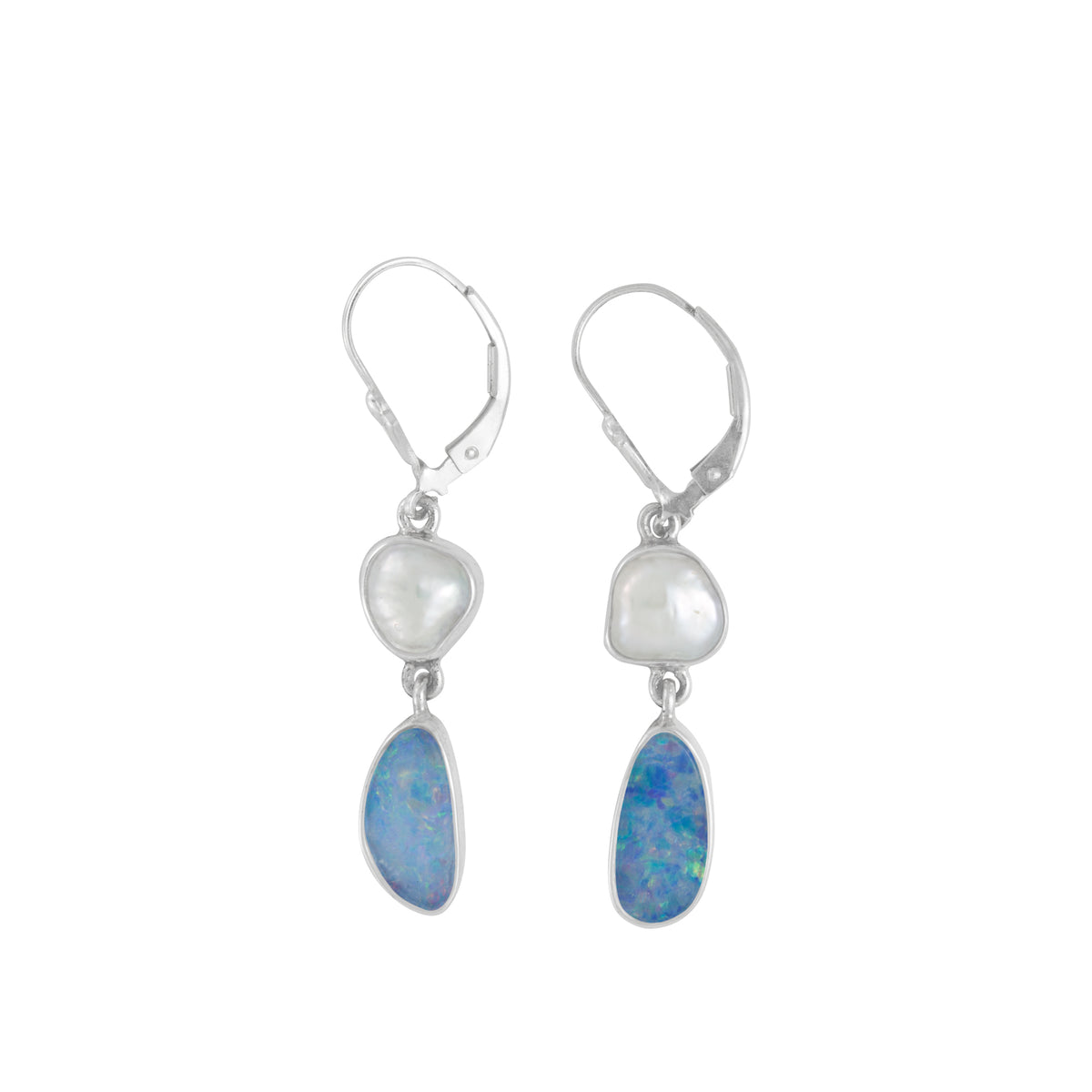 Silver Earring With Pearl White Keshi &amp; Free Form Opal Drop