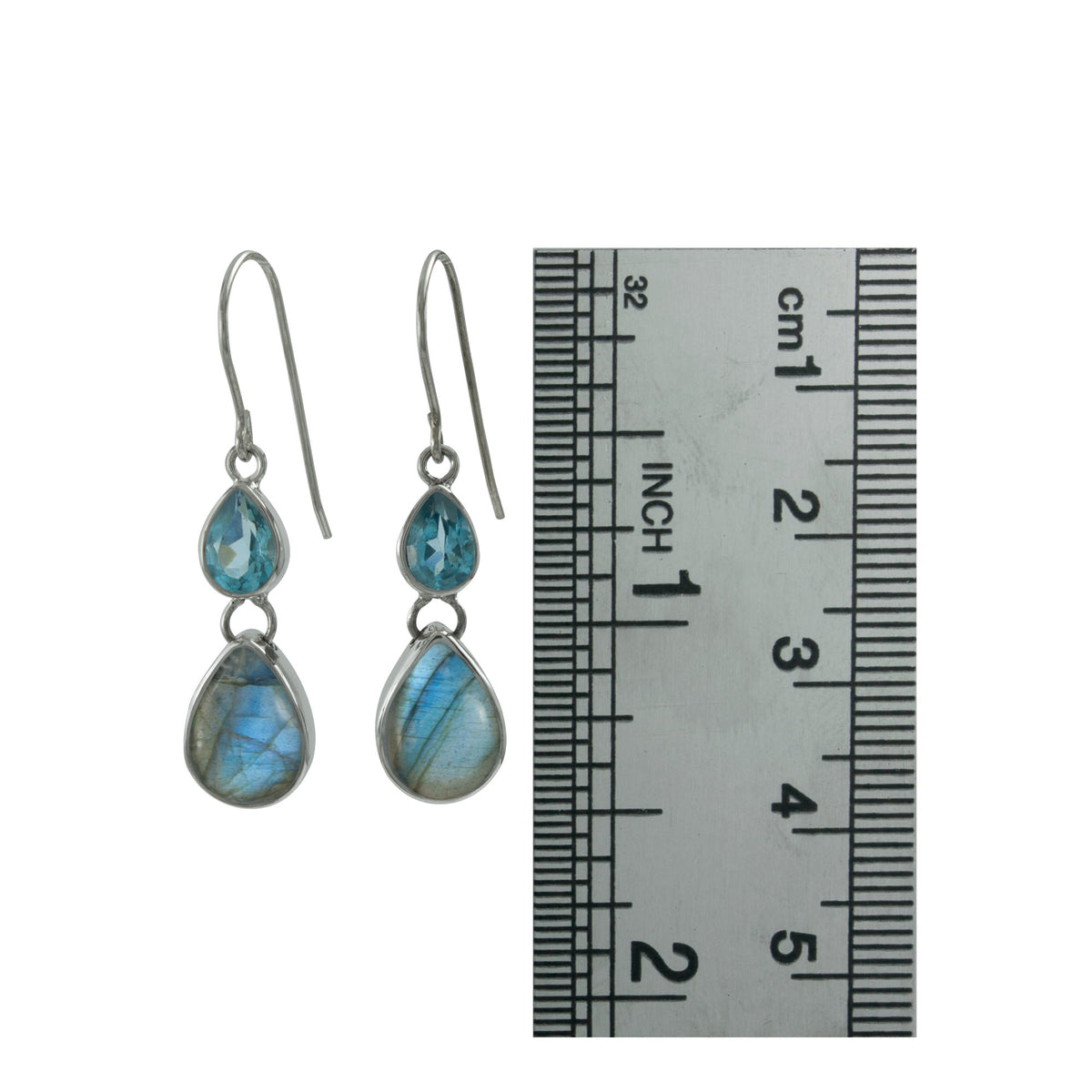 Silver Earring With Blue Topaz &amp; Laboradite Drop